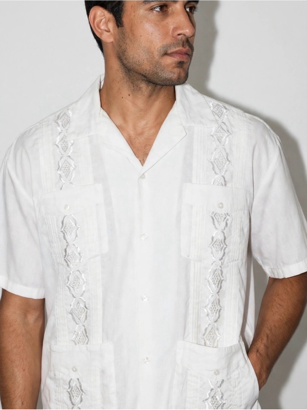 White Short-Sleeve Linen Guayabera Shirt